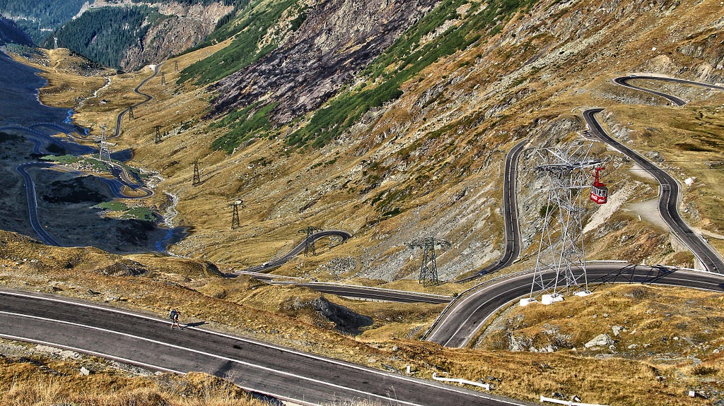 The Transfagarasan road in Romania has many tight curves & winds up a mountain. It gives stunning views & a challenging drive