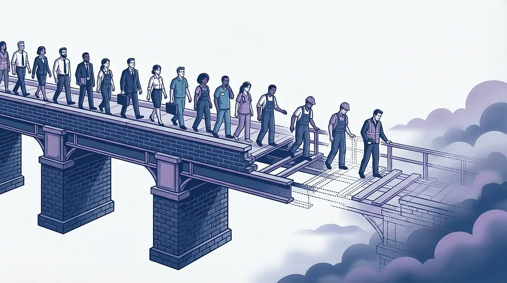 Illustration of a bridge viewed from the side. On the left, the structure is solidly built with brick arches and supports, with workers in suits and business attire walking confidently across. As the bridge extends to the right, it transitions through skeletal scaffolding to dotted lines fading into fog and clouds. Workers in overalls and hard hats at the front hesitate and reach for railings as the solid structure gives way beneath them.