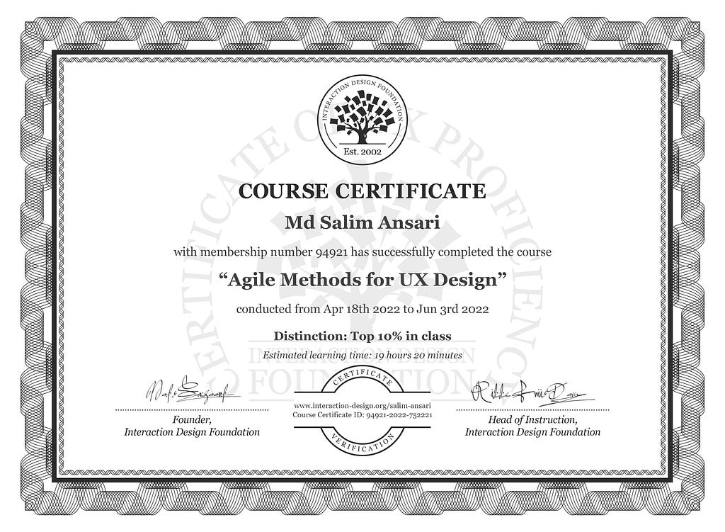 Course Certificate: Agile Methods for UX Design