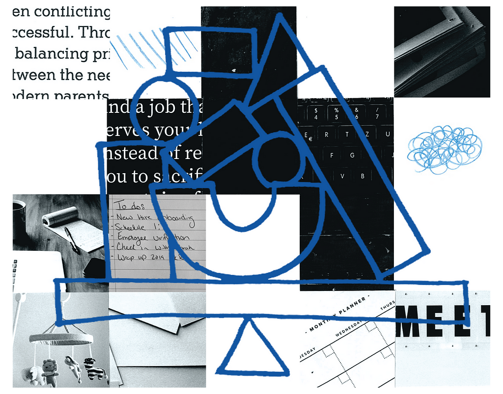 A collage of black, white, and blue images related to working in HR and becoming a mother.