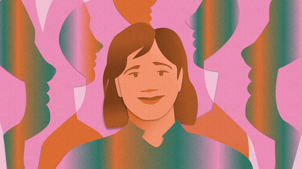 A person with brown hair smiles at the viewer against a background of multicolored silhouettes of faces.