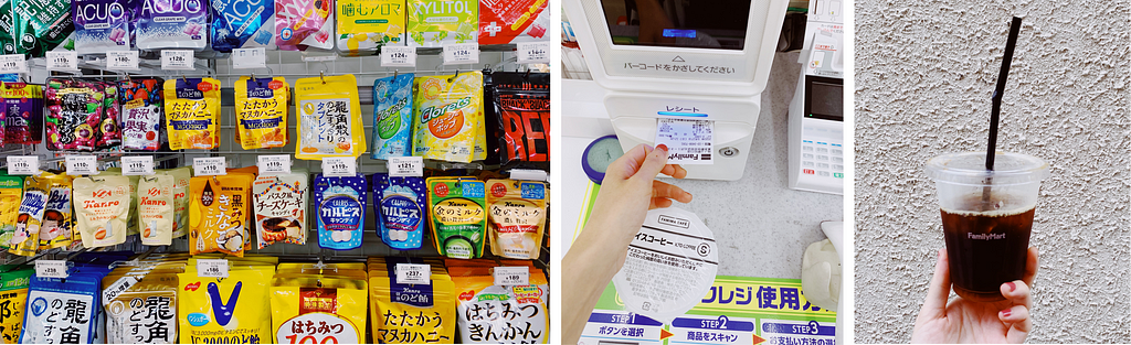 L-R, One: Photograph of convenience store shelves displaying different packages of candies  in various colors. Two: Photograph of a hand pulling out a receipt from the self-checkout machine. Three: Photograph of a hand holding a cup of iced coffee.