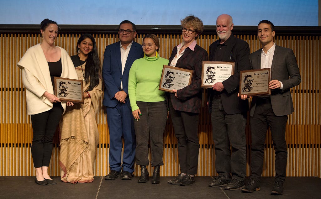 Winners of Izzy Award 2019. L to R: Zoe Loftus-Farren, Maureen Nandini Mitra, (Raza Rumi Dir. PCIM), Monica Mohapatra, Laura