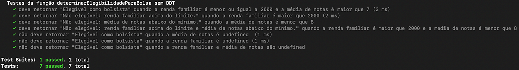 Imagem do resultado dos testes no terminal: 7 testes passaram, total 7 testes. Os testes possuem descrições detalhadas.