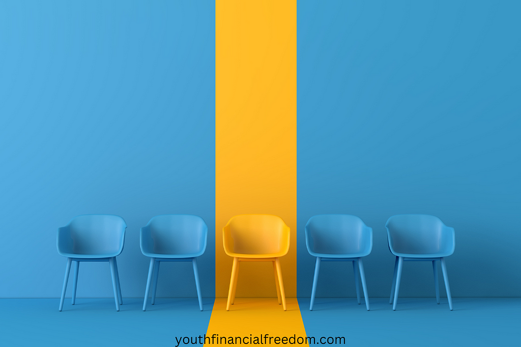 An orange chair stands out against a background of blue chairs and well, implying standing out after a job application