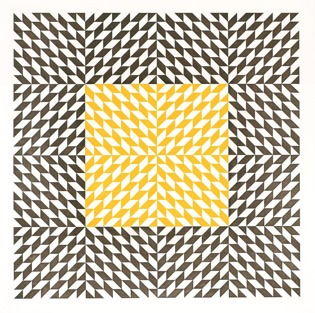 Transparent yellow square within a larger patterned square. The patterns have varying directions and create movement illusion