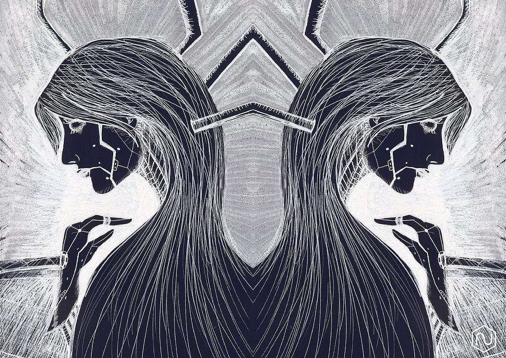A black and white illustration of a long haired figure, duplicated on the left and right. They are looking down.