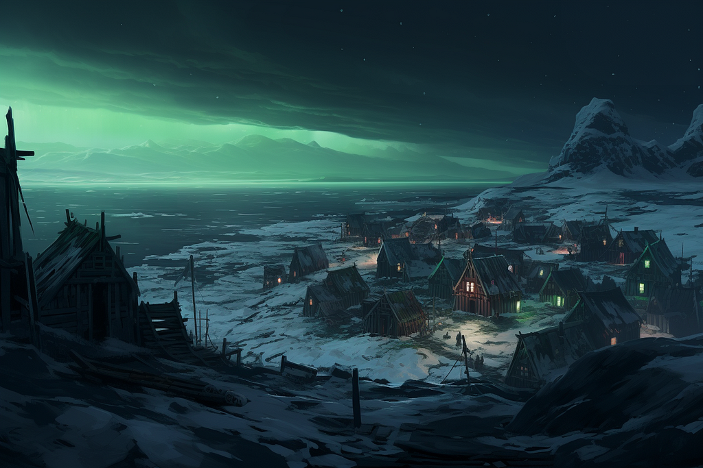 A frigid Inuit village on the shores of the Arctic Ocean, at night with the Northern Lights glowing overhead.