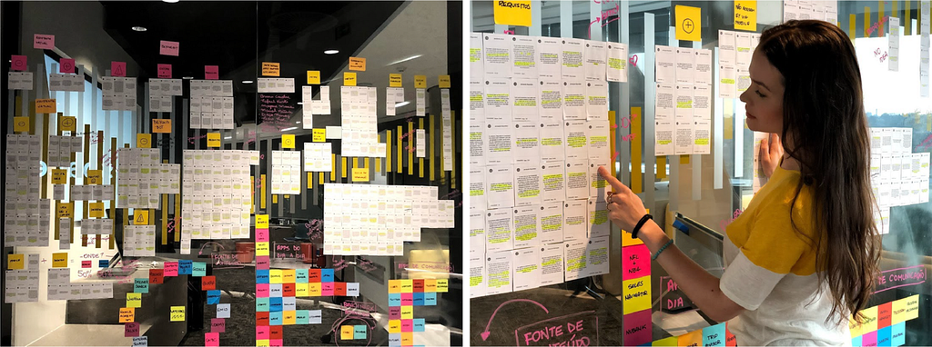 02 pictures showing in-person analysis: a wall covered by post its, and the second picture a person interaction with those post its