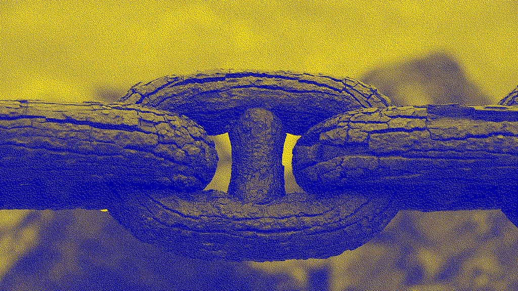 A stylized depiction of a rusted chain link.