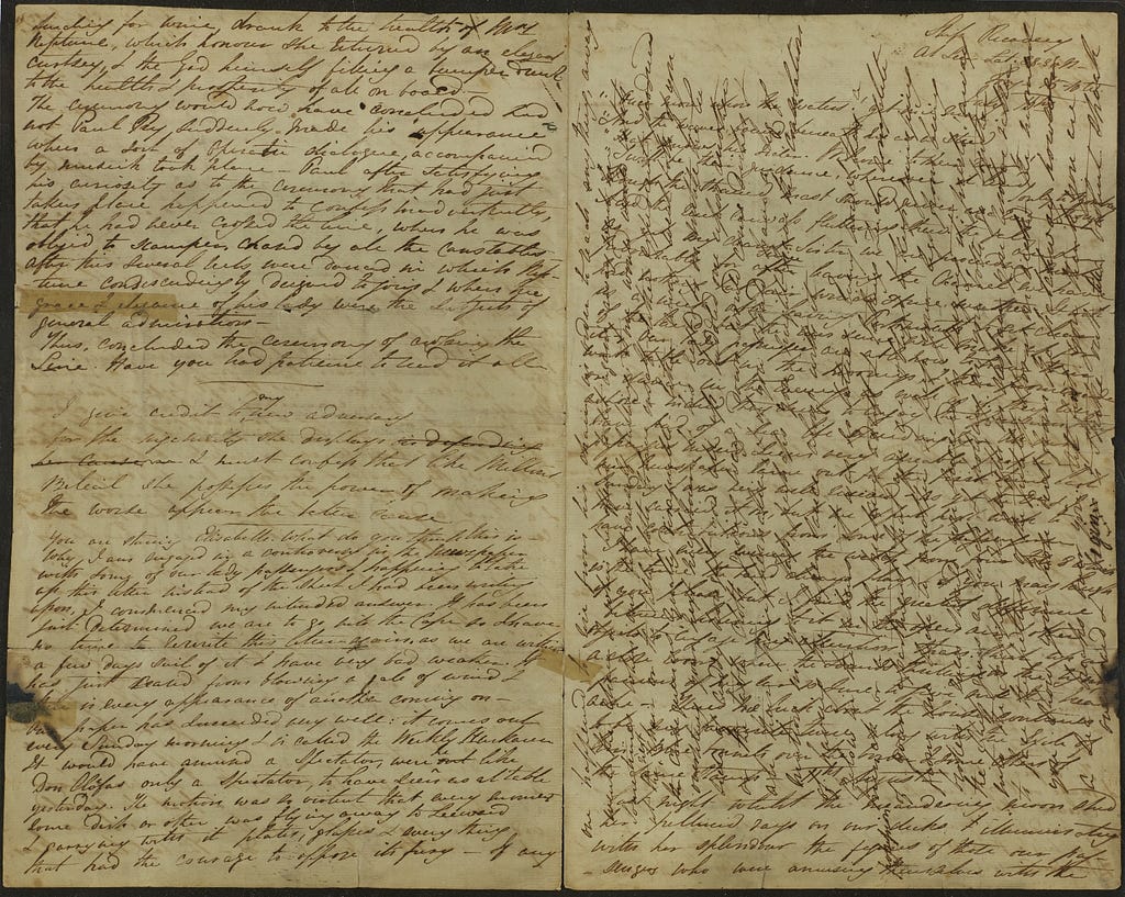 A handwritten letter using the crossed letter form, where one letter is superimposed on top of another.