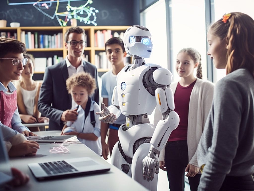 Teacher in classroom supervises an AI robotic assistant
