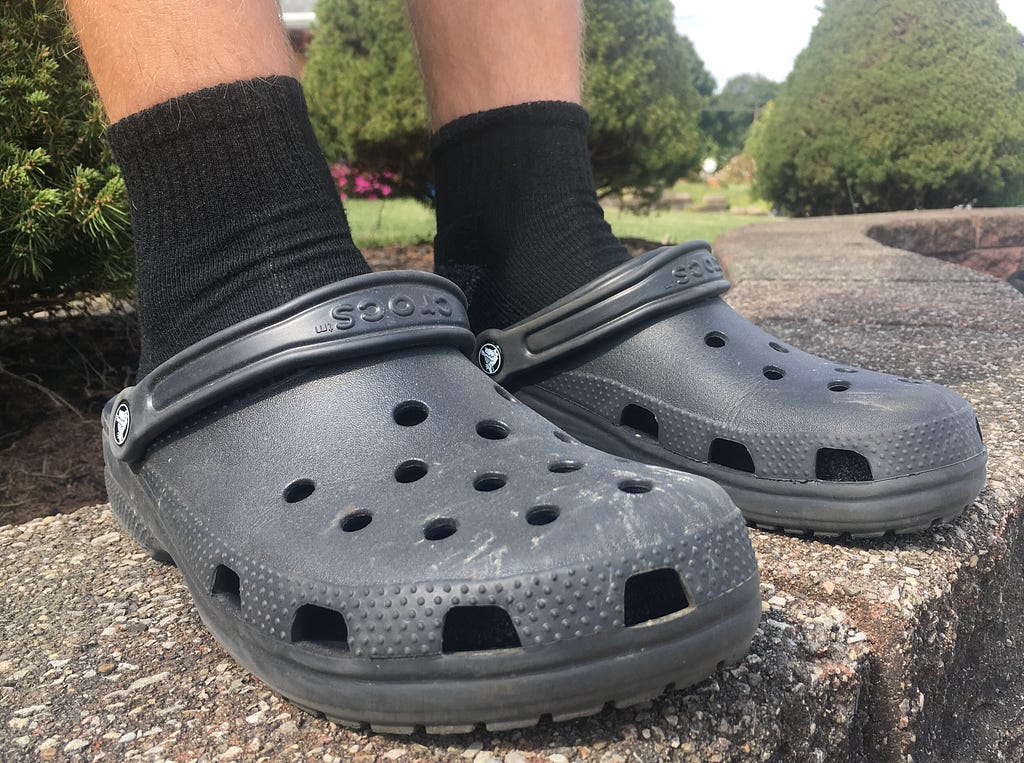 For someone who said he’d never wear these, my brother sure has worn his Crocs out.