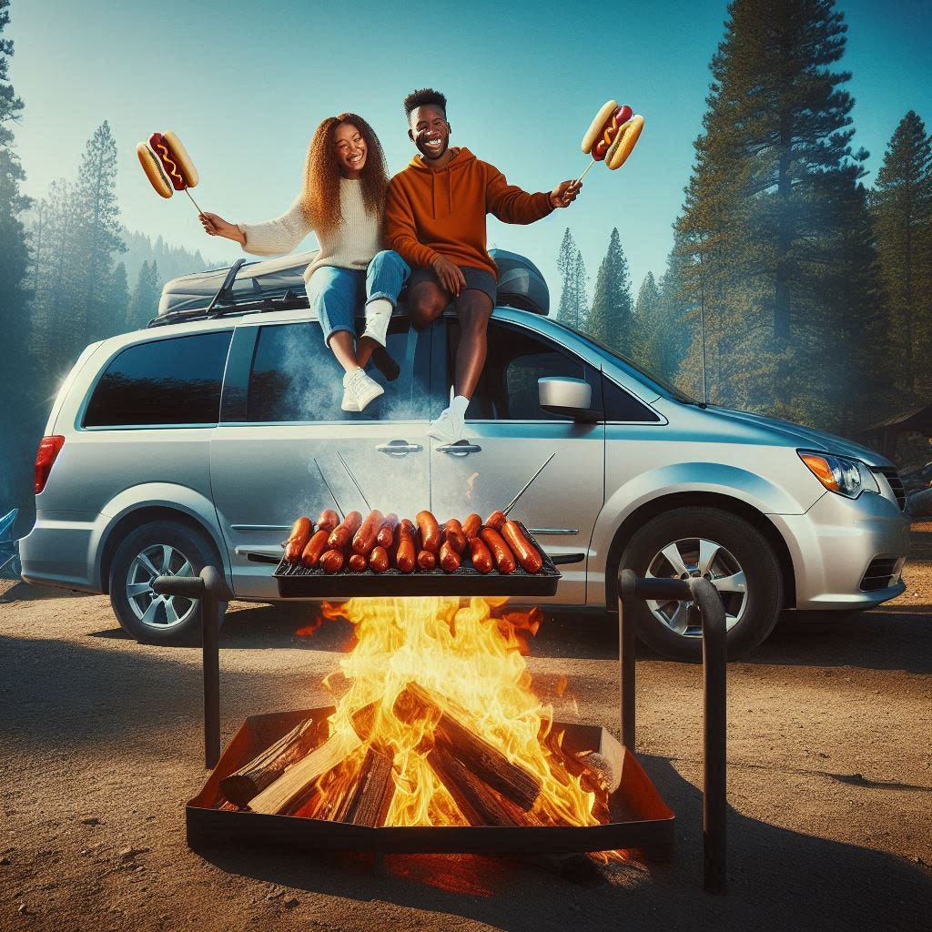 minivan campers cooking over a campfire at a campsite