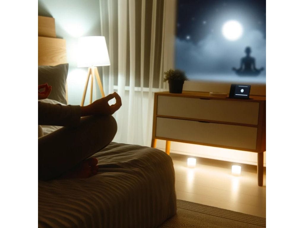 The image showcases a serene evening setting in a bedroom, where an individual is engaging in a relaxation routine before bed. Soft meditation music plays in the background, enhancing the peaceful atmosphere created by dim lighting and calming decor, conducive to a restful sleep.