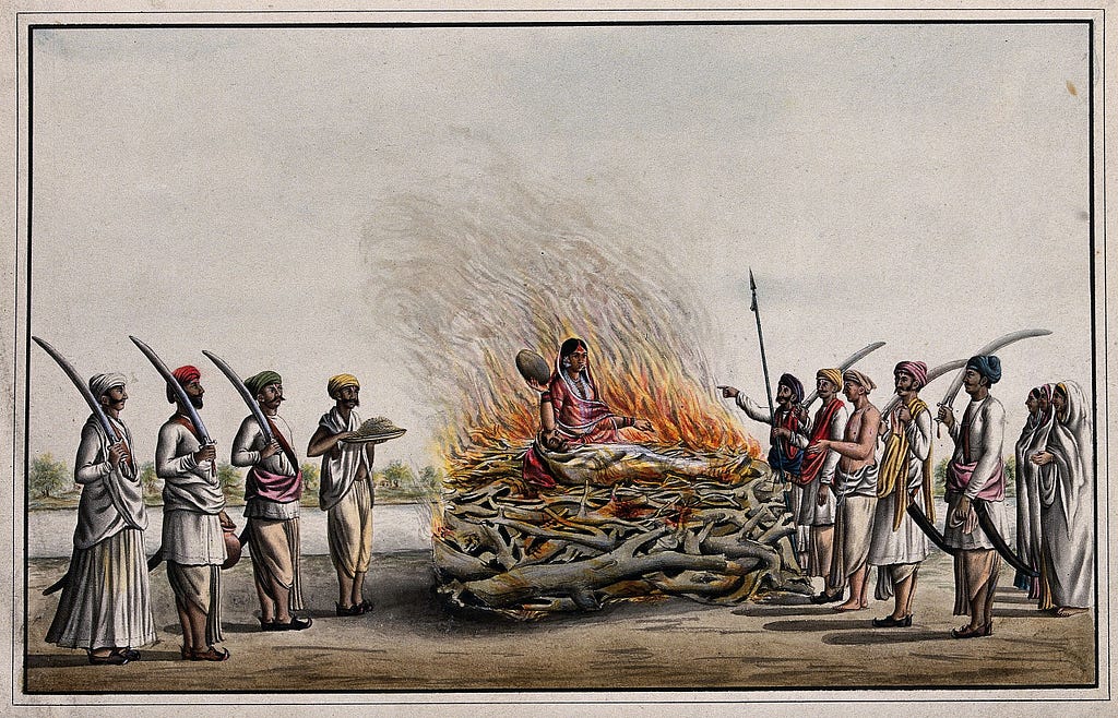 Ancient painting depicting Sati Pratha: A young woman sits on a funeral pyre while several men stand beside it holding swords.