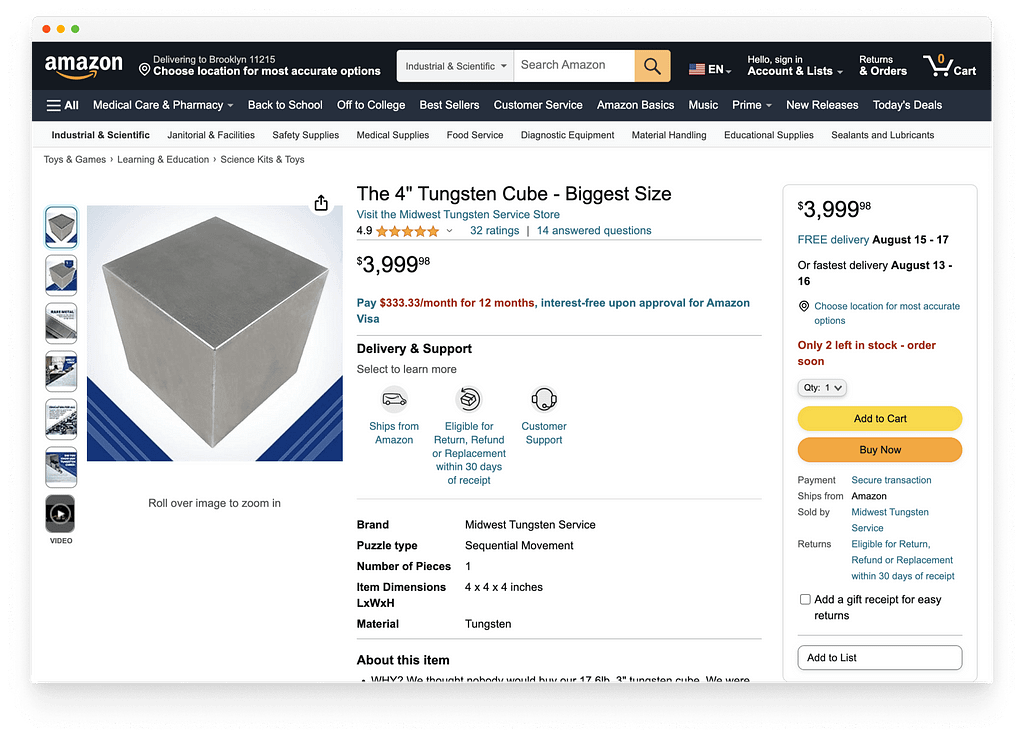 Screenshot of an Amazon.com product detail page for a 4" Tungsten Cube