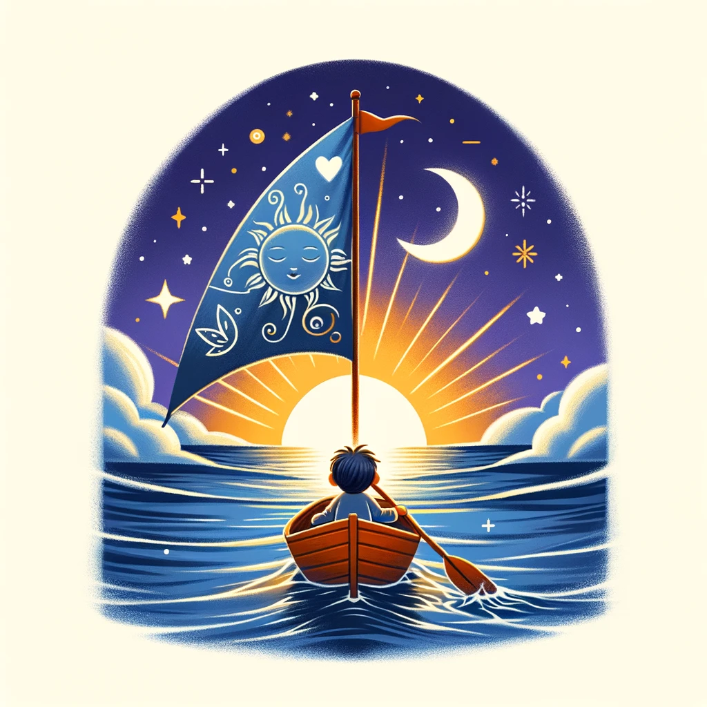 Child sailing on calm waters with a supportive sail adorned with symbols of love, growth, and understanding, representing the journey of nurturing sleep