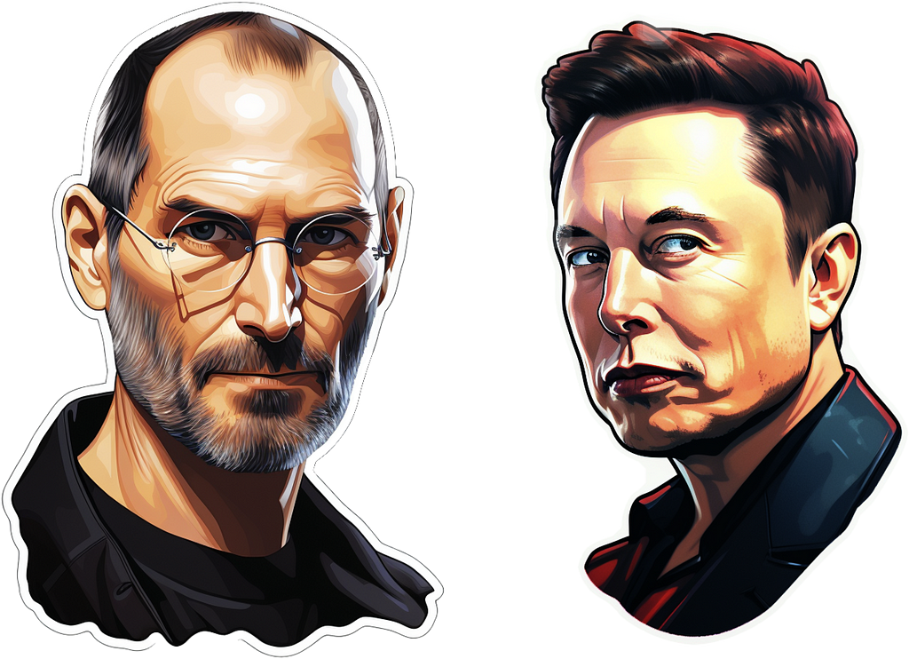 Caricatured portraits of Steve Jobs and Elon Musk