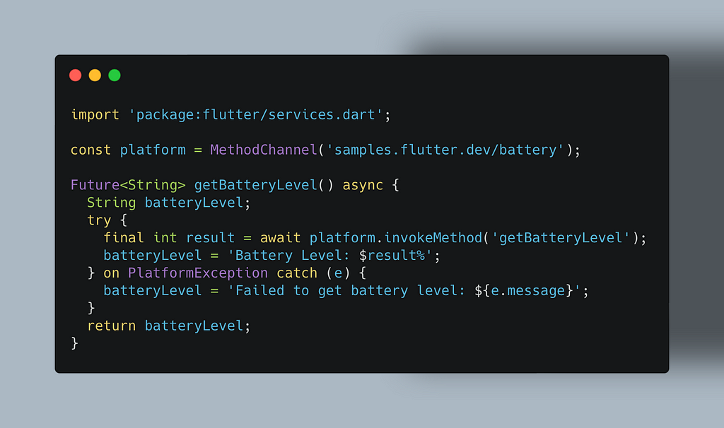 Flutter code to call a native method called getBatteryLevel