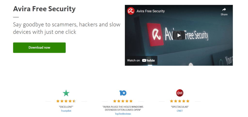 Avira Free Security home page with Download link