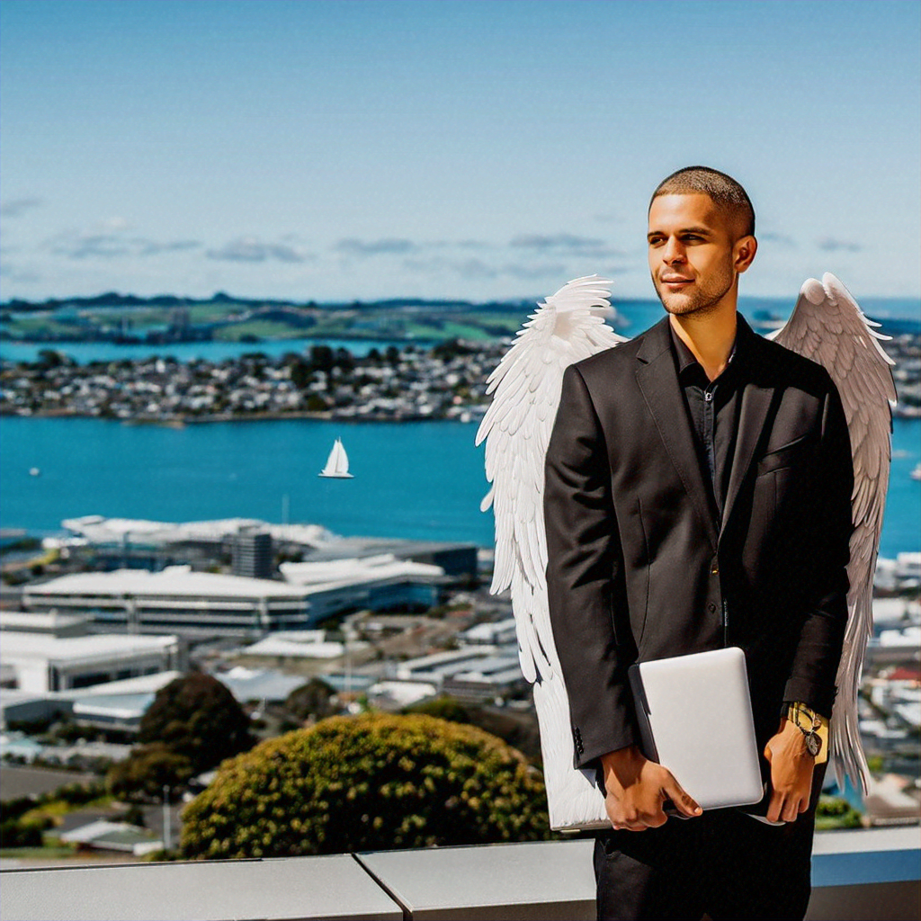 A software engineer in the style of angel wars cartoon. He came to new Zealand. He is working in an Auckland office and in the background there is Devonport, New Zealand with a beutiful summer day.