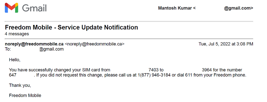 An email showing message that a new SIM is issued for user’s mobile.