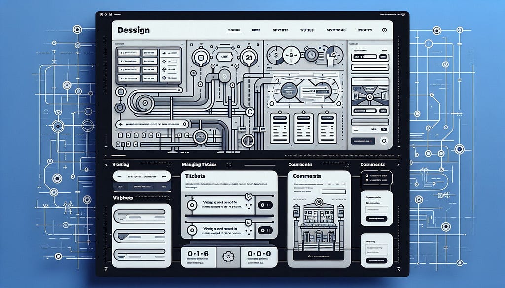 Бake the interface of a website for managing tickets with the comments section. It should have minimalistic UI, light and bright, very engineering look. Make it fullscreen