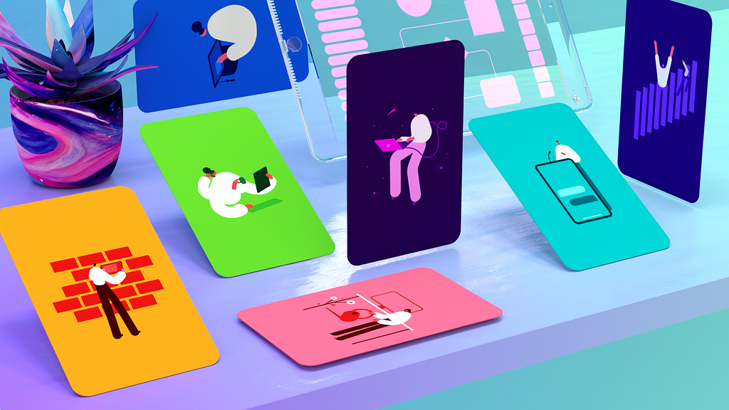 A 3D-rendering of the Archetype cards in differnet colors. Each card features an image of an Archetype interacting with technology in a different way. The cards are laying and standing on a purple desk, spread out between a house plant and a transparent computer screen.