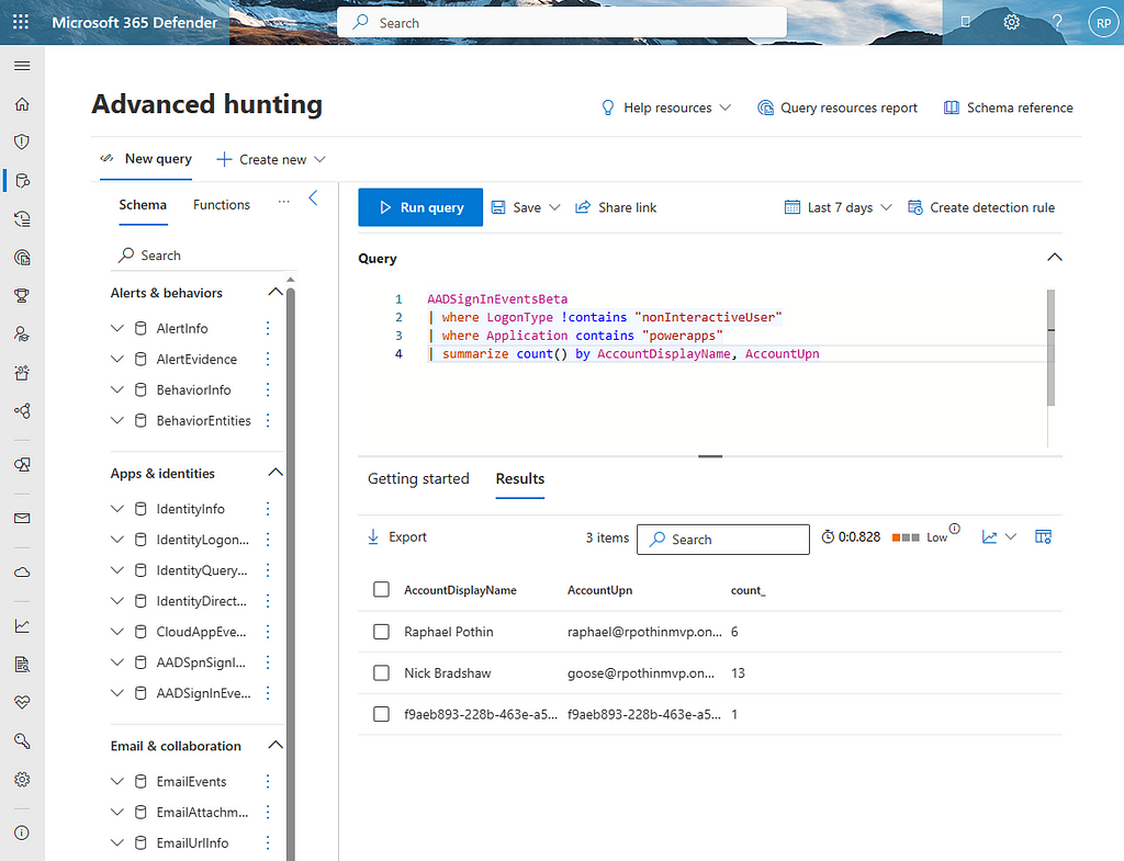 Example of query ran in the Advanced Hunting section of Defender for Cloud Apps