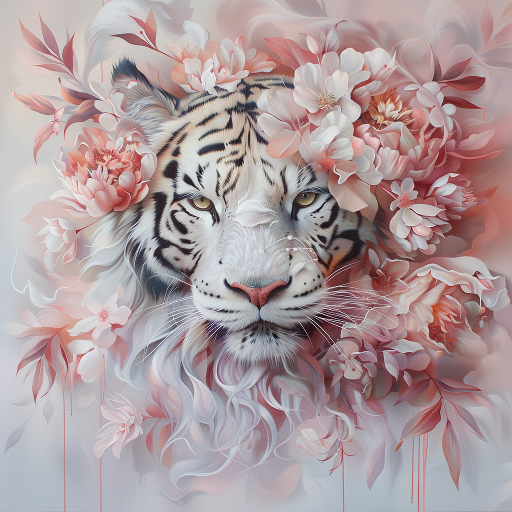 Mural painting of a furry head of a tiger, in white and pink floral bouquet, soft lighting, hyper-realistic animal illustrations, soft gradient color, artgerm