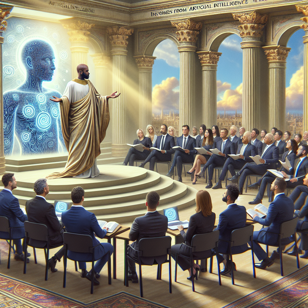 Biblical scene of Artificial Intelligence Evangelist teaching c-level executives about potential incomes coming from artificial intelligence usage | DALL·E 3