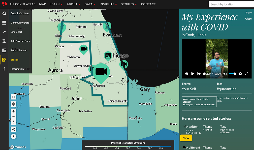 The US Covid Atlas showing a video story with the title “My Experience with COVID” overlayed on a map of Cook County, IL and the surrounding region. The map visualizes the percent of essential workers by county in shades of blue.