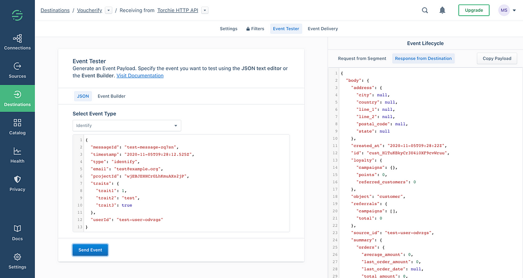 Illustration showing how to test Voucherify destination