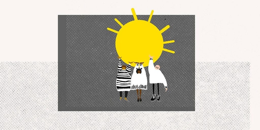 An illustration of three people holding up a yellow sun with their hands