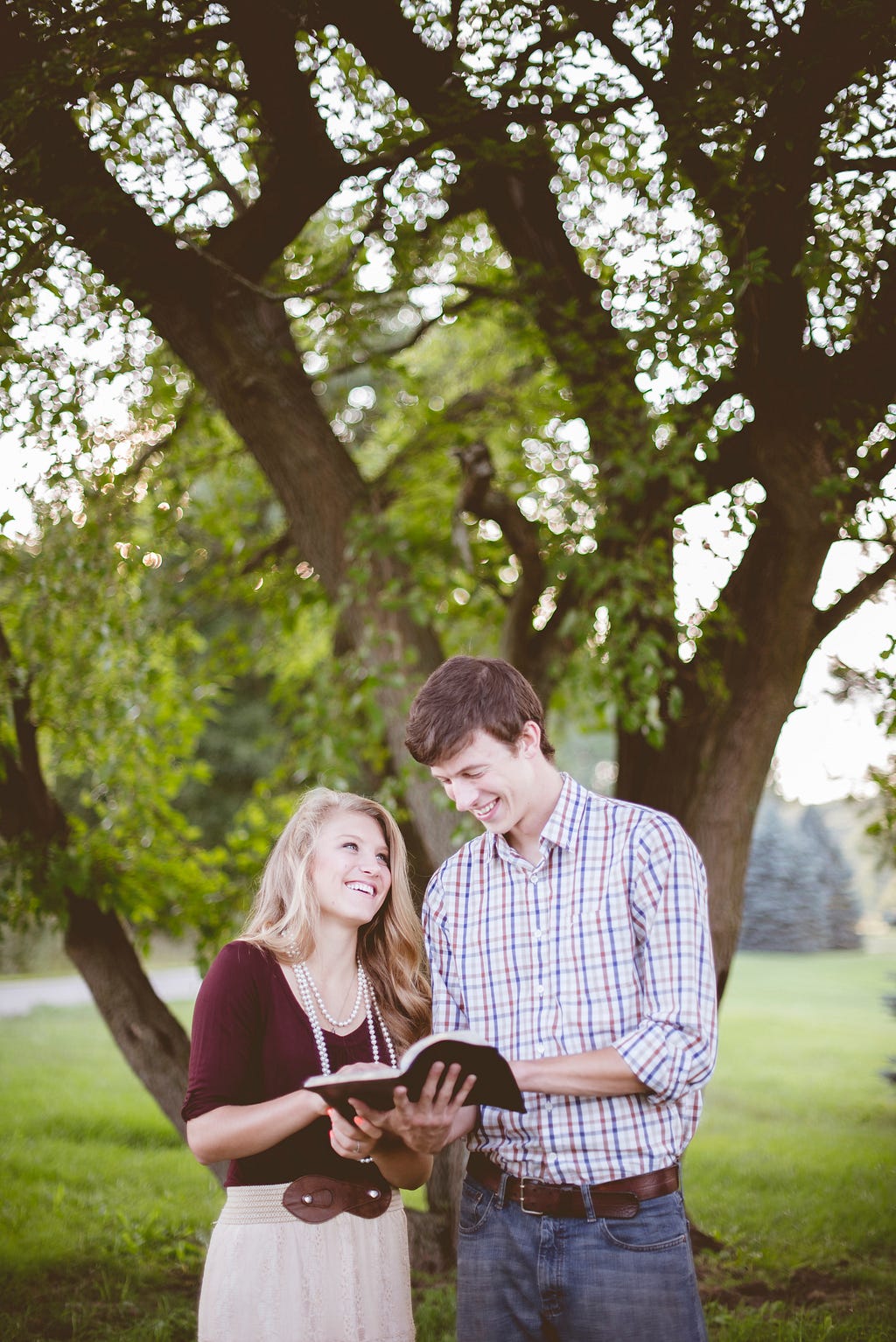 A couple studying the word of God under a tree