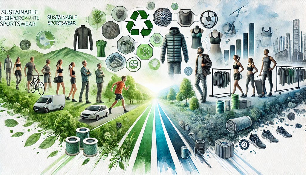 Here’s a watercolor painting depicting the growing demand for sustainable high-performance sportswear. It begins on the left with athletes and consumers becoming aware of the environmental impact of their gear. Moving to the right, the painting highlights advancements in eco-friendly materials and production processes, featuring recycled fabrics, biodegradable materials, and sustainable manufacturing practices. The background blends natural elements with futuristic technology, illustrating the i