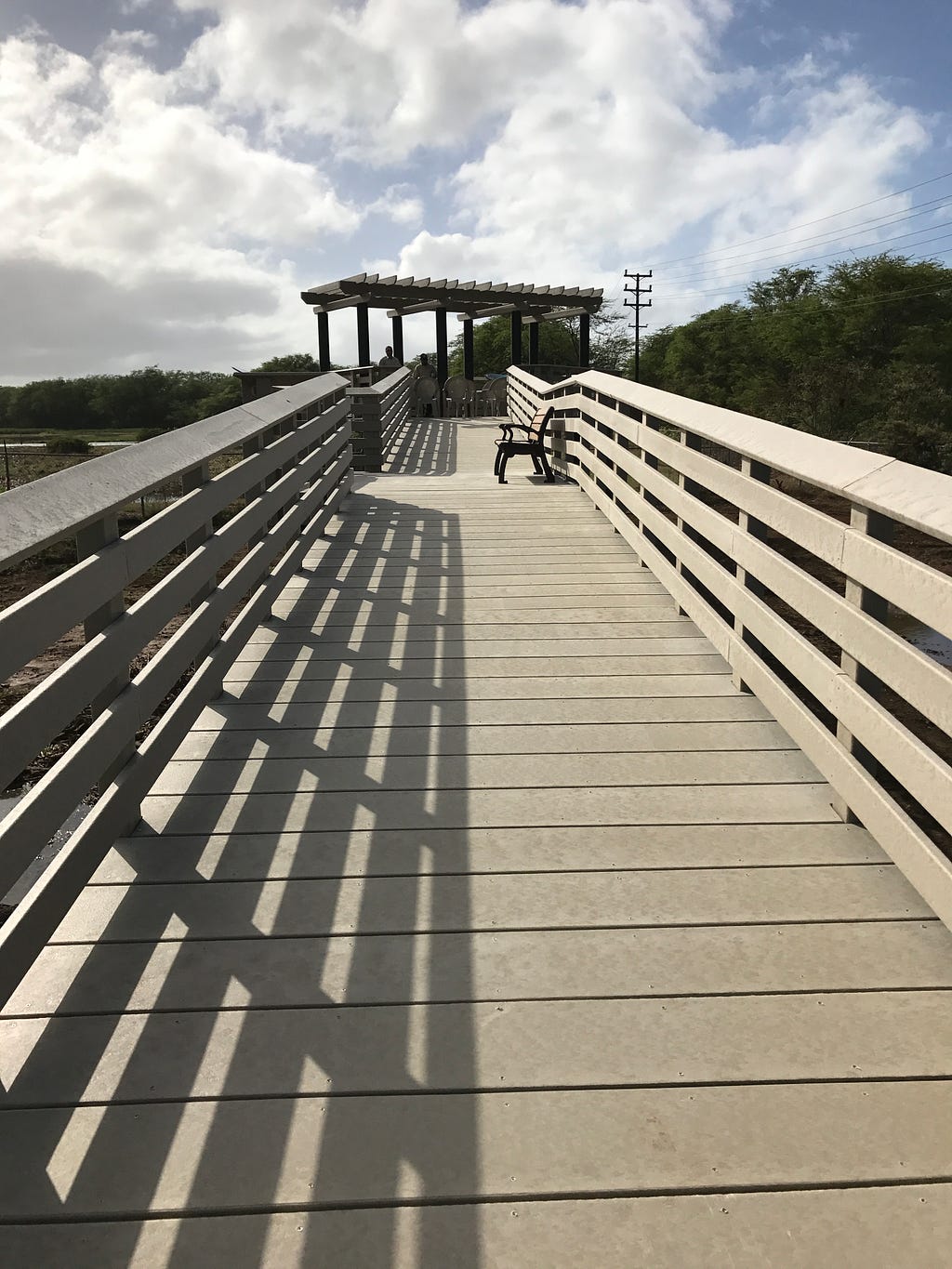 The walkway to the Betty Nagamine Bliss Overlook taken on the day of the commemoration ceremony. It leads to a covered lookout that overlooks the wetlands at Pearl Harbor National Wildlife Refuge.