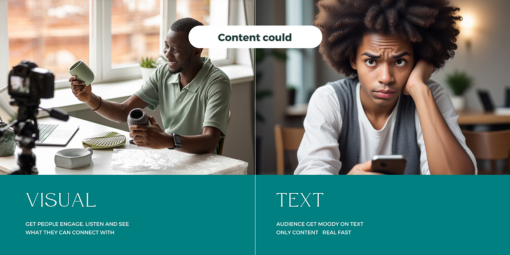 Side-by-side comparison of visual vs. text content impact. On the left, a cheerful man engaging with his audience via a video blog, demonstrating the appeal of visual content. On the right, a young man looking bored while reading text on his phone, depicting the lesser engagement of text-only content.