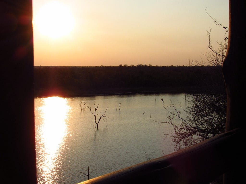 The river at sunset from the deck of my cabin at Mopani camp