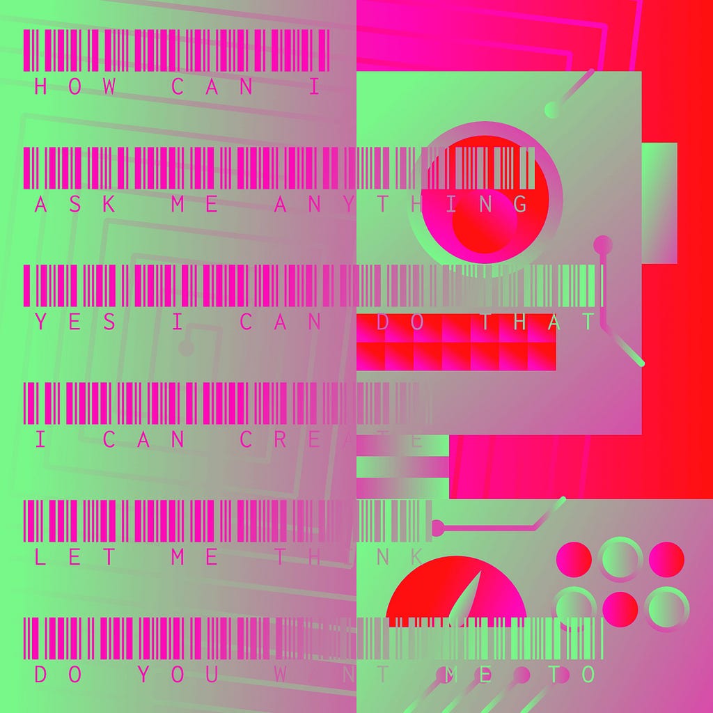 An abstract image. The right half of the image depicts the right half of a classic toy robot figure. The left half shows a series of sentences which include the words “I” and “me” in them. The words are accompanied with barcodes.