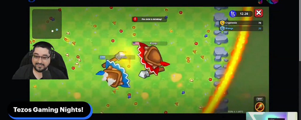 Livestream screenshot showing gameplay from Pikes Arena, with two characters, Blangs and Cryptonio, fighting near a shrinking fire circle, and Cryptonio pictured in a webcam overlay.