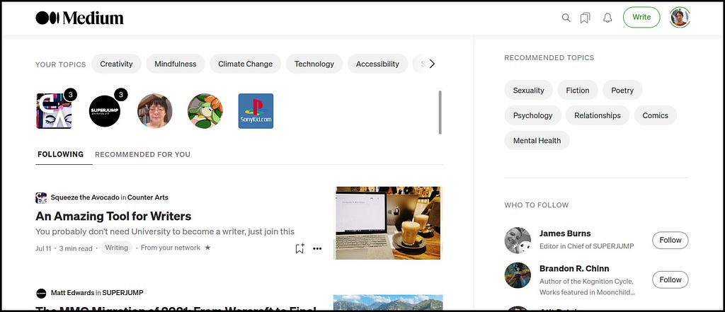 A screenshot of the “Following” tab on Medium’s homepage.