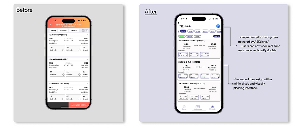 A side by side representation of the before and after of the train search page with highlights on specific design decisions