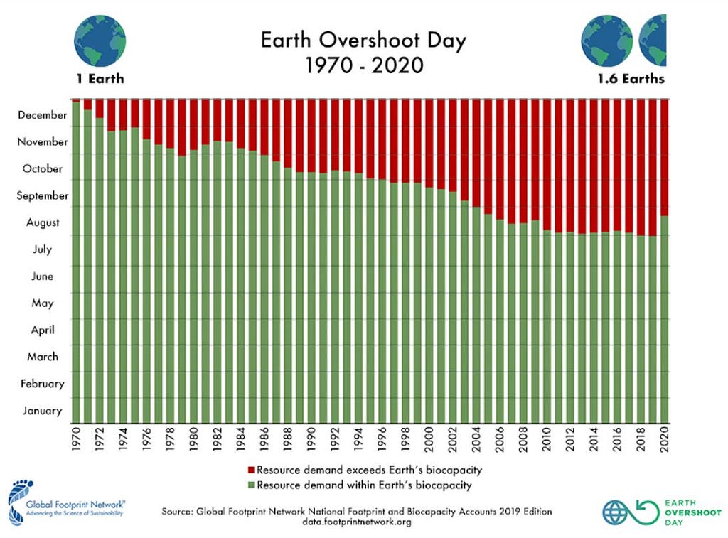 The graph is showing how much natural resources humanity has been using per each year since 70’s.