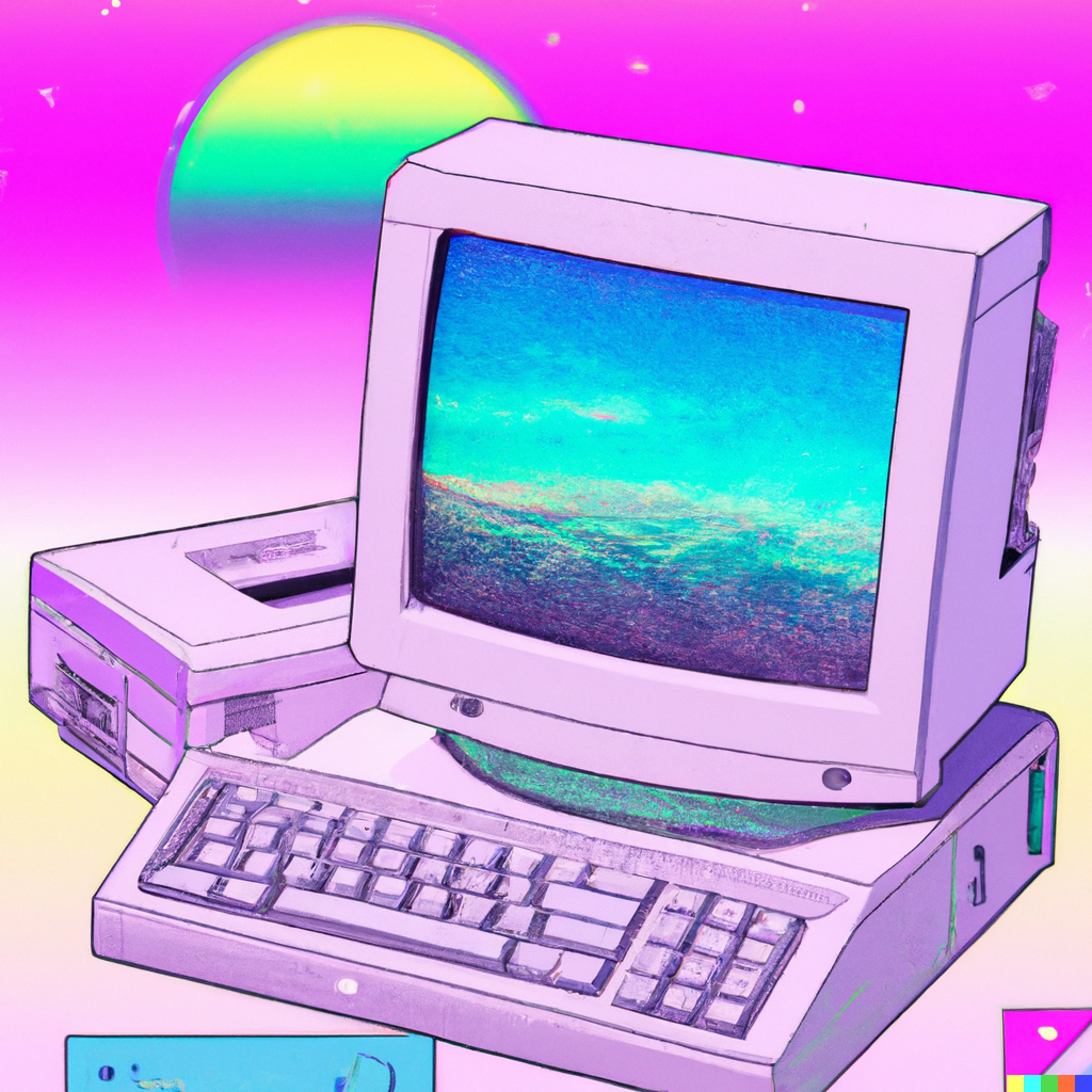 Komputer dari tahun 90-an dengan gaya gelombang uap yang dibuat oleh DALL・E
