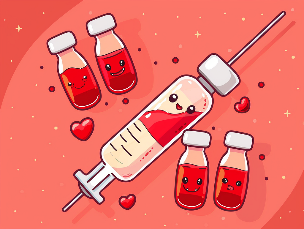 Cute illustration of a cartoonish syringe containing blood with several vials of blood in the background