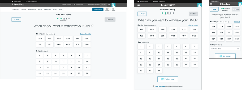 Screenshots of the third step of the Auto RMD experience, including desktop, tablet, and mobile experiences.