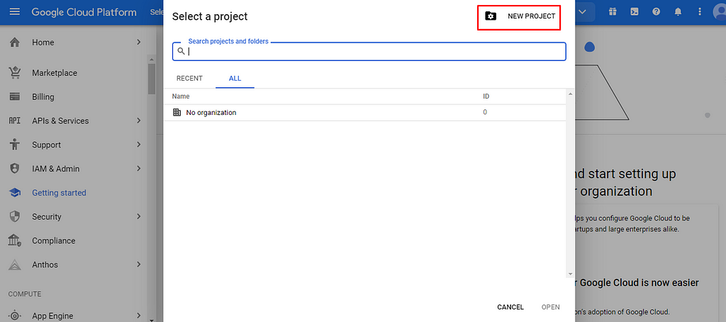 Google Cloud screen with New Project button