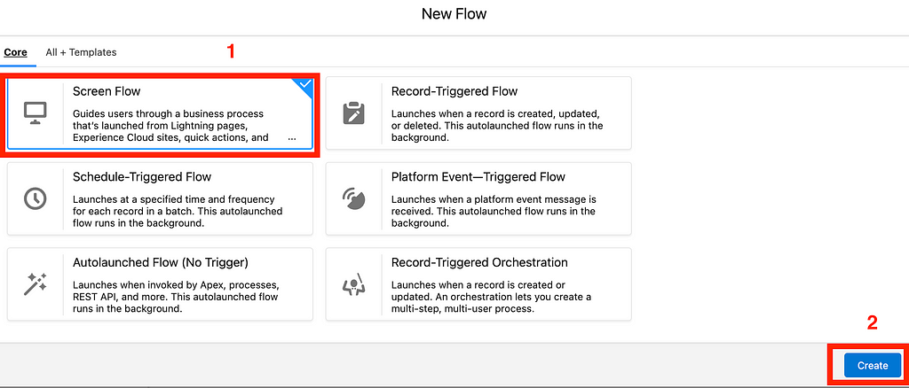 Screen shot of the different type of flow configuration